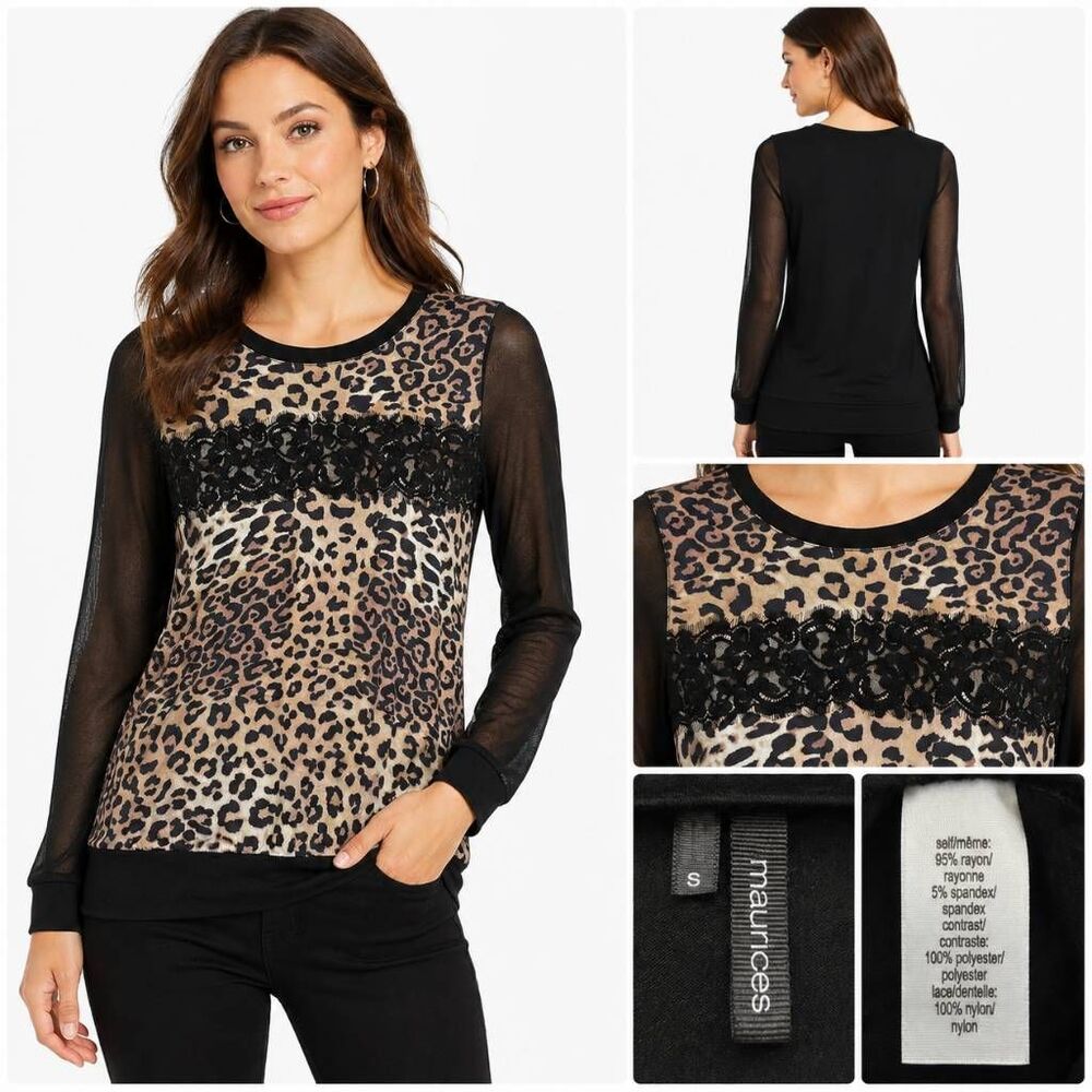 Maurices S Leopard Lace Top Sheer Mesh Sleeve Black Tan